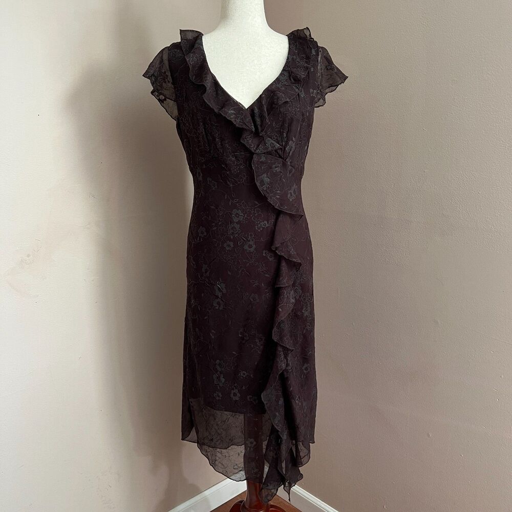 Fairy Grunge Vintage‎ CDC Brown Ruffle Midi Dress Floral Moody Whimsigoth Size 8
